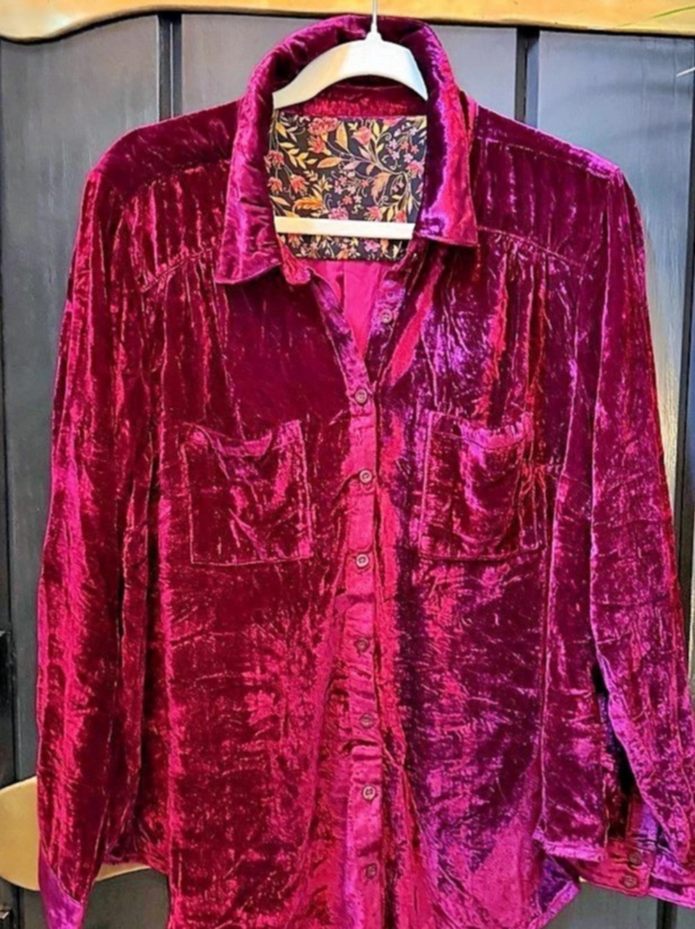 NWT Women’s Crushed Velvet Button Down Shirt Top Shacket Burgundy Boho 1XL